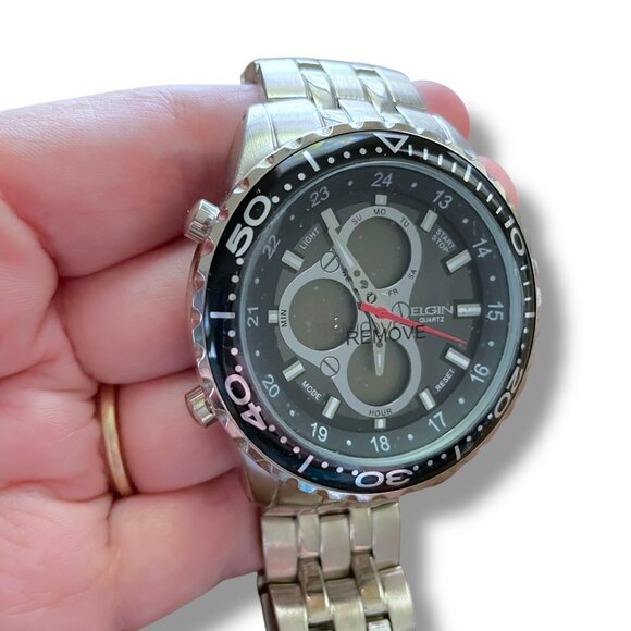 Elgin Mens Chronograph Watch Digital Analog Silver Tone Link Band Quartz Movemen - Picture 11 of 16